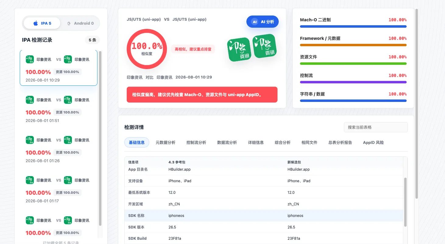 IPA相似度历史检测记录与报告详情