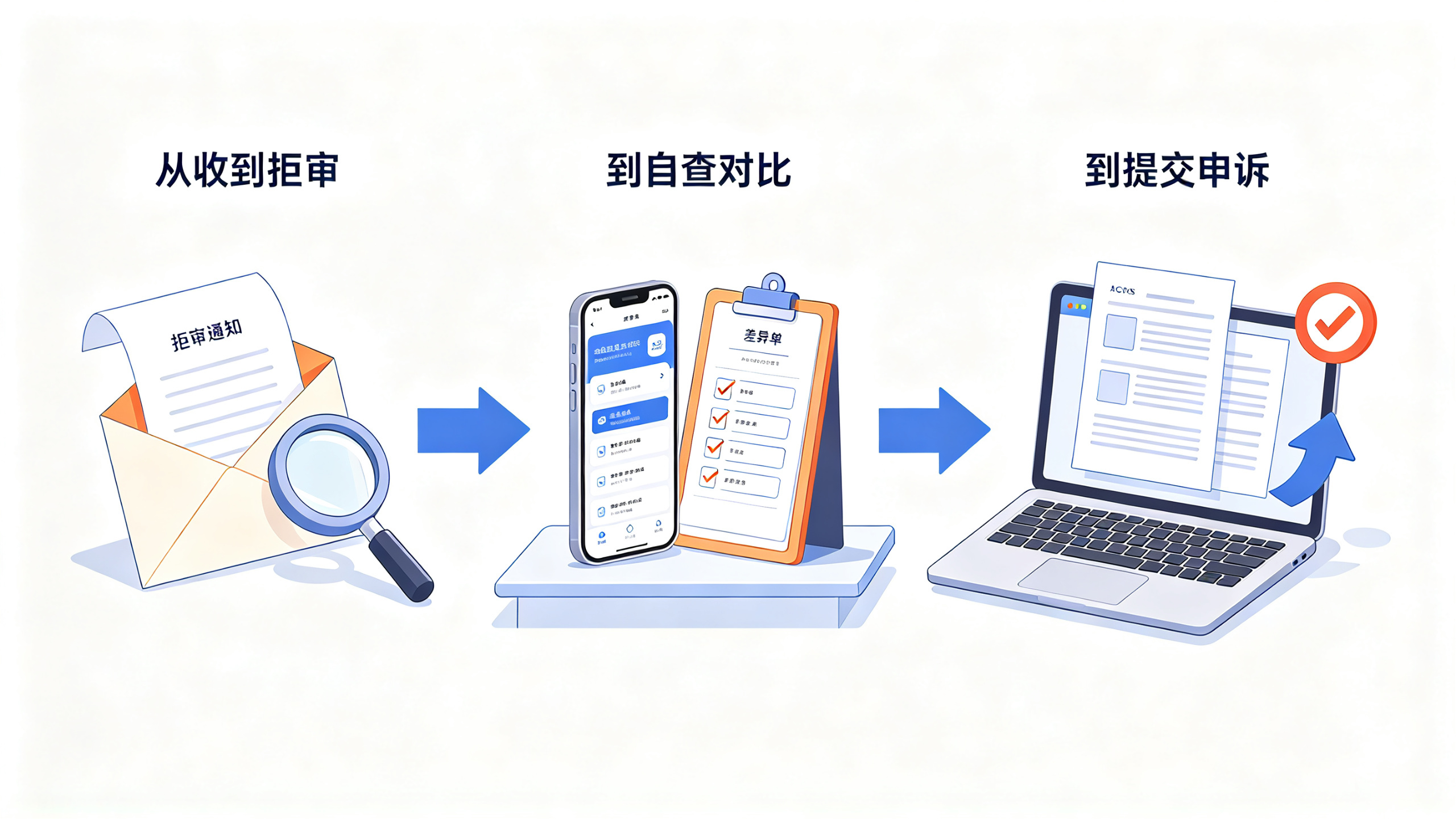 展示收到拒审通知、对照竞品列出差异清单、撰写三段式申诉回复三个步骤的先后流程,用箭头串联放大镜、对比台和电脑回复文档