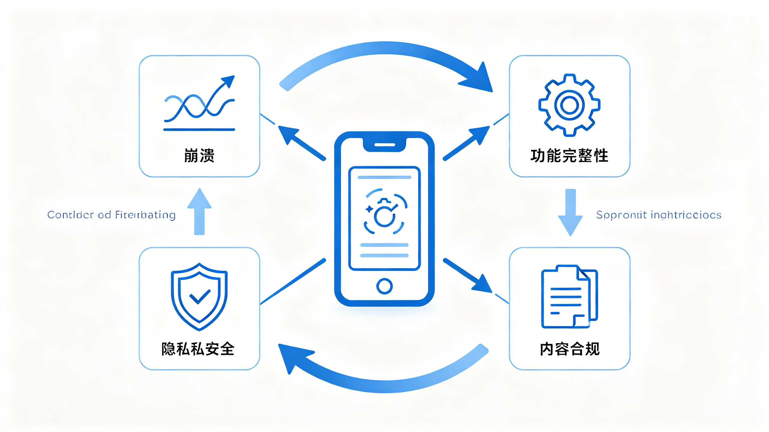 iOS应用审核的四维权衡概念图：技术性能、功能完整性、内容合规与隐私安全关系